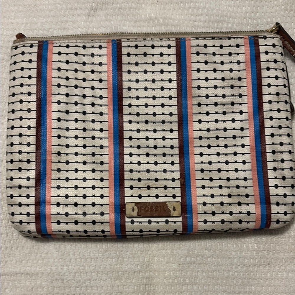 Fossil Pink and Blue Clutch with Modern Geometric Design